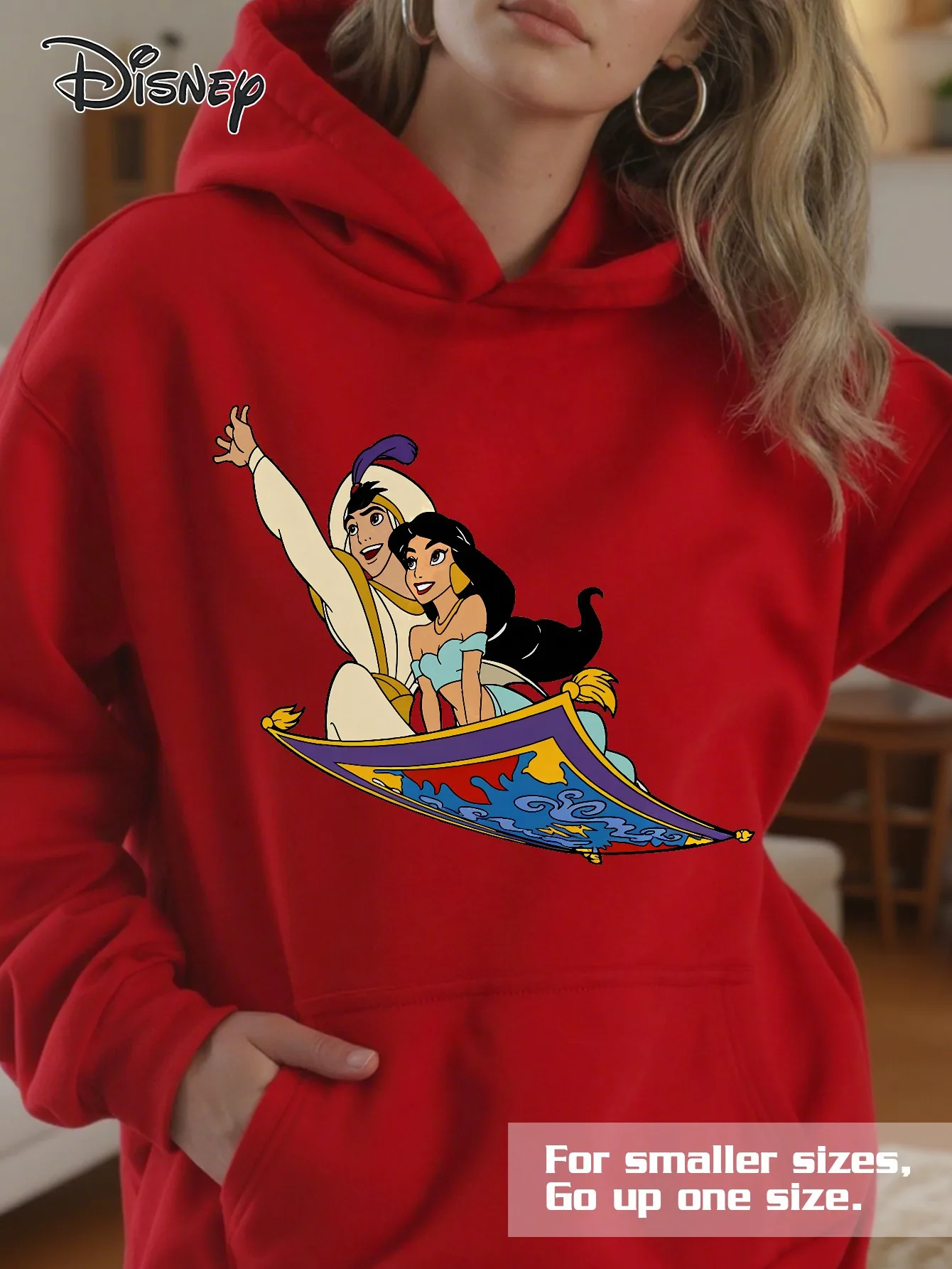 سترة نسائية بغطاء للرأس من Disney Aladdin & Jasmine - بلوفر رسمي برسومات السجاد السحري، سويت شيرت بقلنسوة فضفاض #3