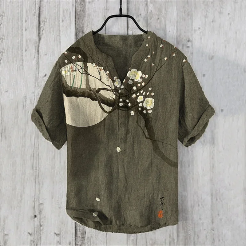 Summer japanese Art Print Vintage Henley Shirts Men\'s Casual Button-Down Short Sleeve v- neck T Shirt Man Tees Tops Clothing