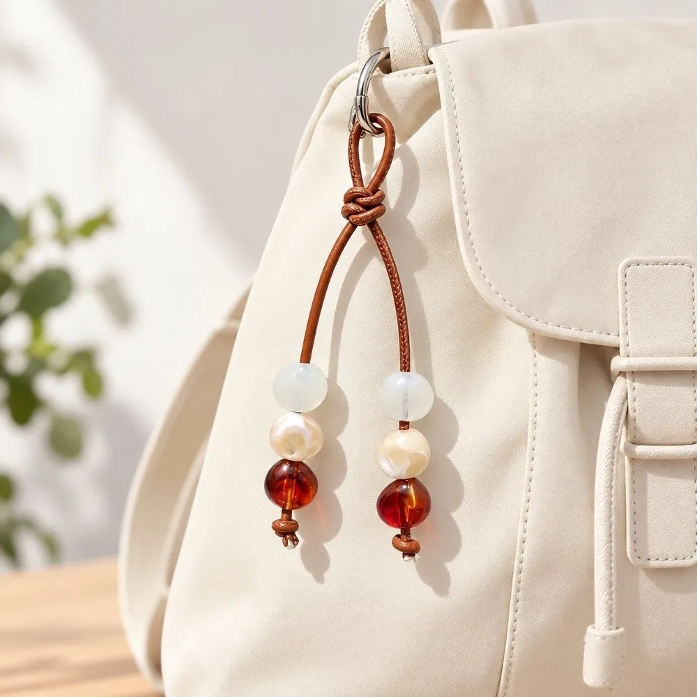 Versatile Boho Beaded Keychain Pu Leather Braided Cord Lucky Keyring Creative Bohemia Braided Backpack Pendant Handbag Accessory