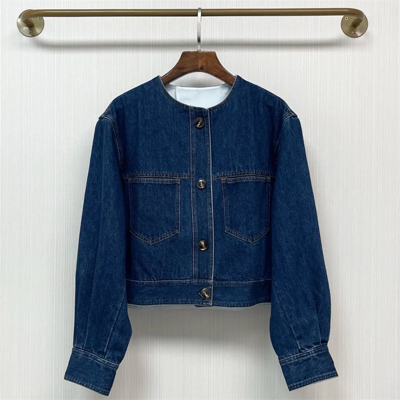 

Women's jacket New autumn 2025 single breasted slim fit round neck long sleeved top Retro pure cotton denim jacket Women's coat