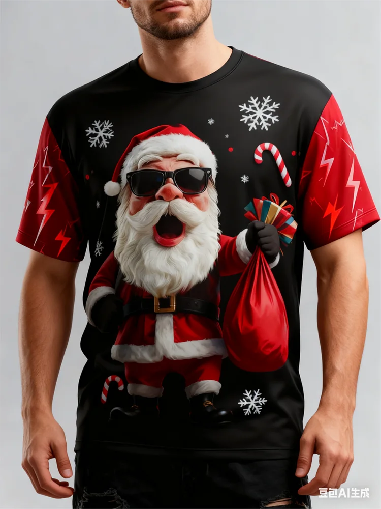 

Santa Claus 3D Print Men's T Shirt Casual O-neck Short Sleeve Top Funny Christmas Elements Pattern Oversized Tees X'mas Clothing