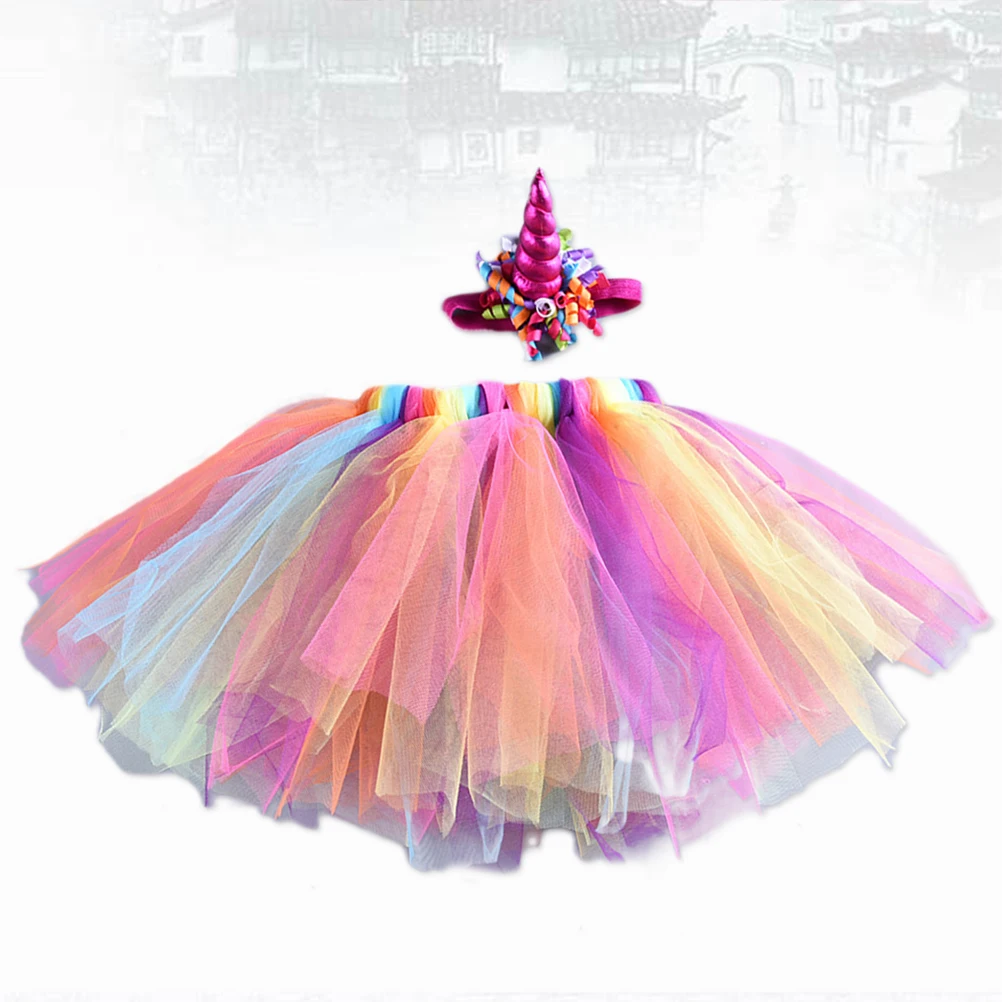 

Multicolor Rainbow Mesh Skirt Costume for Girls Party Dress Polyester Handmade Adjustable Straps 3D Flowers Halloween