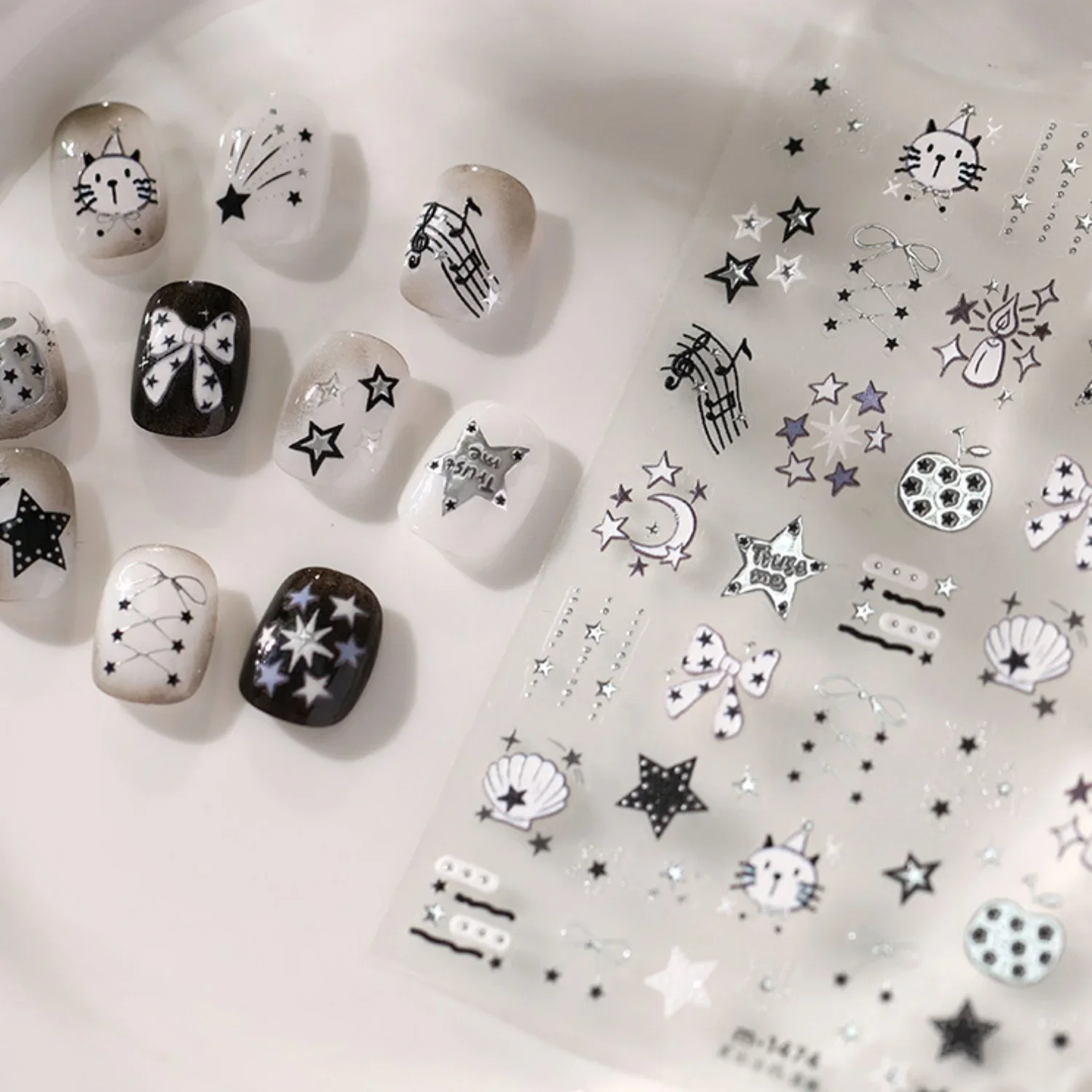 5D Black White Nail Stickers Cat Polka Dot Apple Pentagram Bow Music Note Crescent Firework Star Shell Cute Self Adhesive Decal