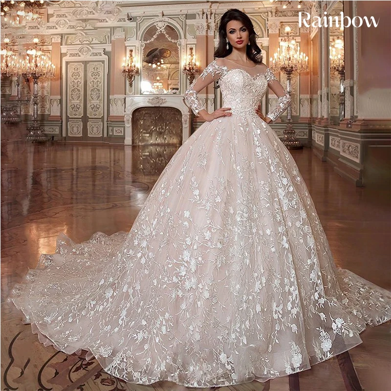 

Элегантное свадебное платье из органзы с вышивкой, бальное платье принцессы с длинными рукавами, круглым вырезом, на заказ, с поясом, на шнуровке, Vestido De Nov