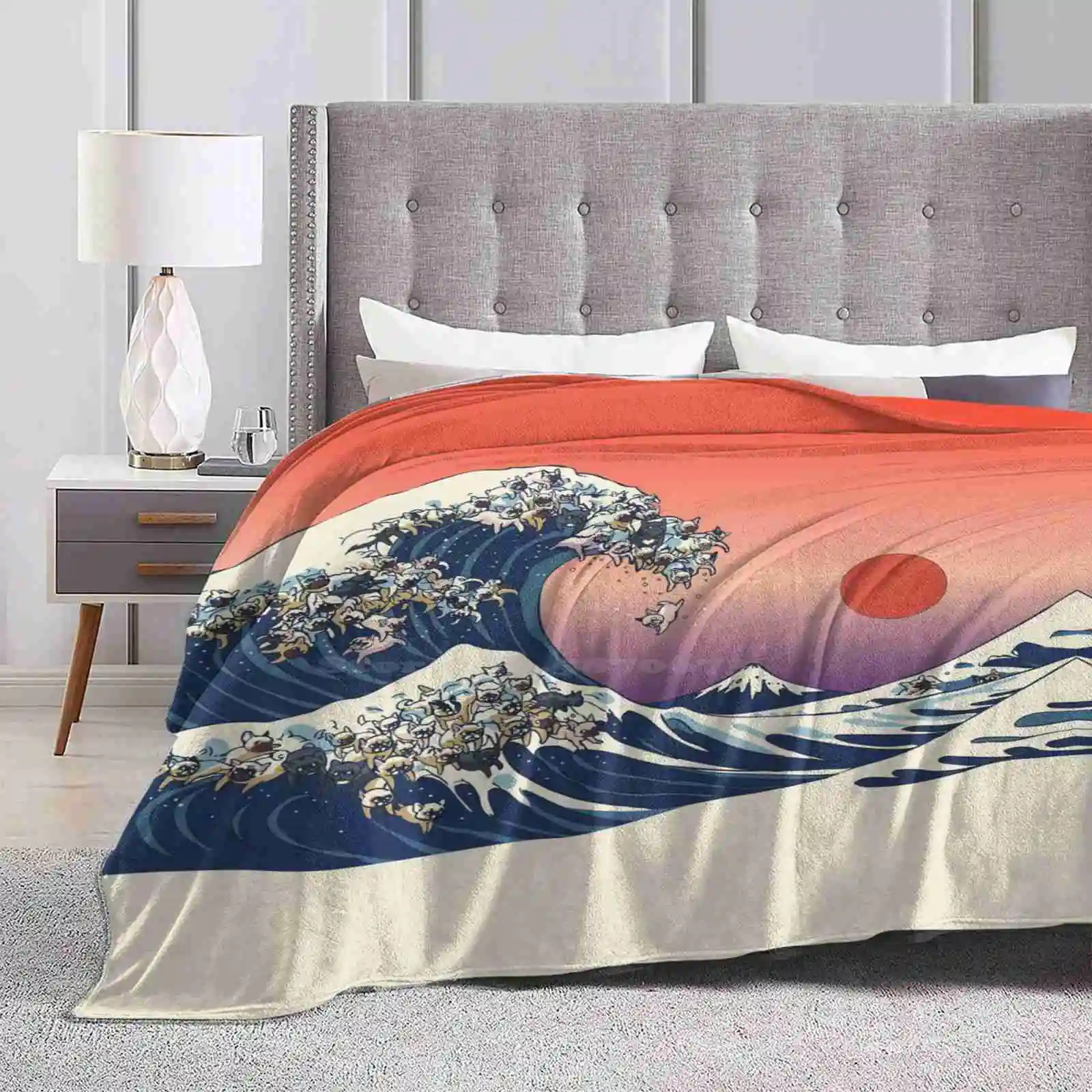 The Great Wave Of French Bulldog Shaggy Throw Soft Warm Blanket Sofa/Bed/Travel Love Gifts Frenchie Hokusai Wave French Bulldog