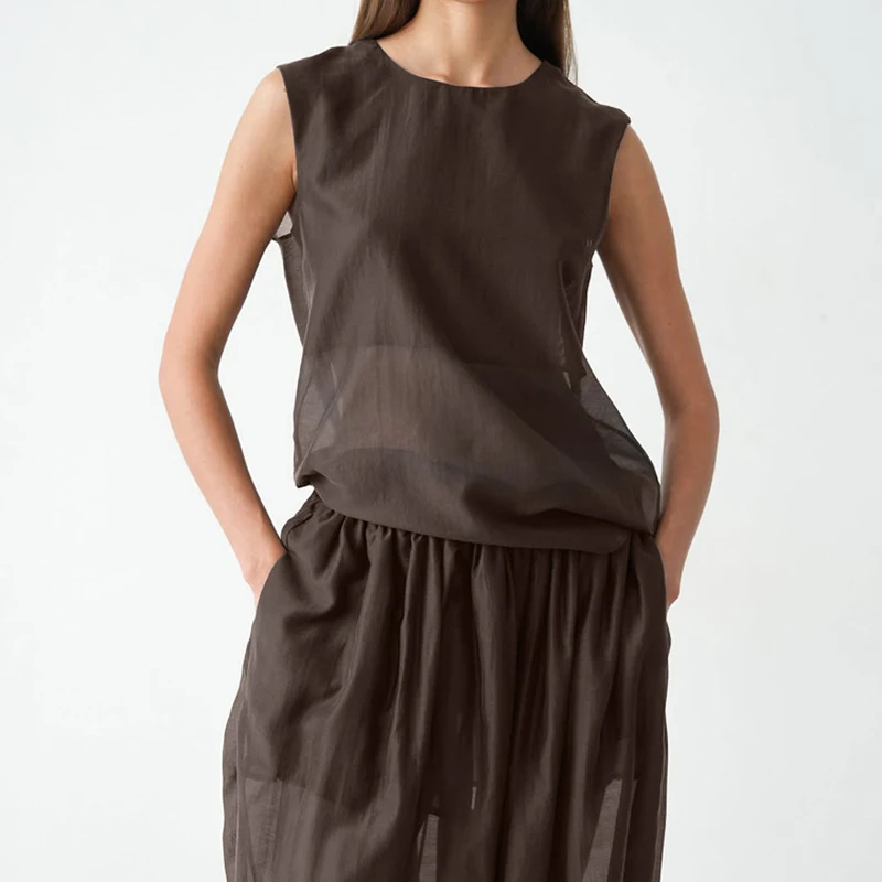 Spring Perspective Legged Pants Suit Women Sleeveless Round Neck Tops+high Waist Leg Binding Pants Autumn Female Two Piece Set