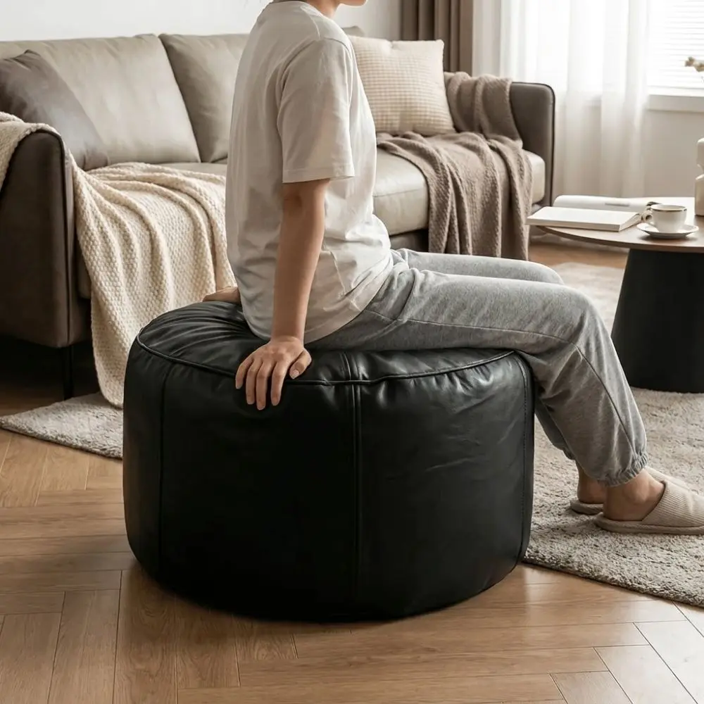 Minimalism PU Leather Round Lazy Sofa Covers Unstuffed Soft Bean Bag Cover Large Capacity Removable Pouf Cover Home Use