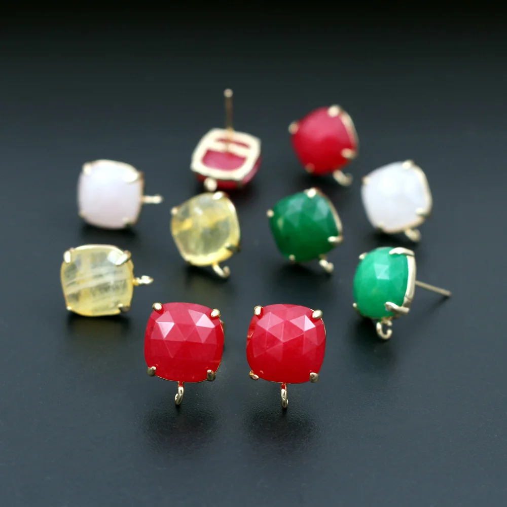 

10pair 10mm Square Gold Plated Red Green Jade Stone Rose Quartz Stud Earrings Linker Connectors for Women Wedding Accessories