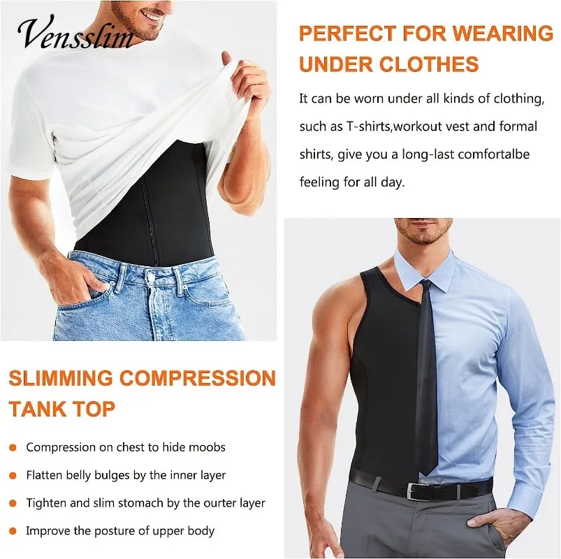 Vensslim Men Shapewear Slimming Body Shaper Compression Shirt with Zipper Tummy Control Waist Trainer Sweat Sauna Corset