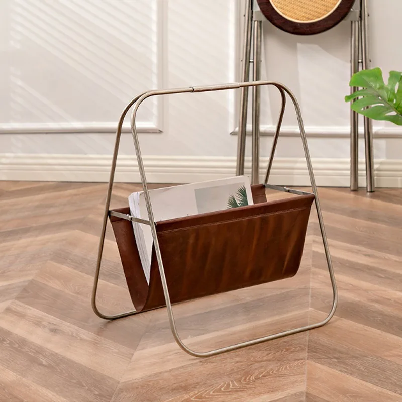 Stainless steel leather book and newspaper rack floor storage shelf household magazine storage