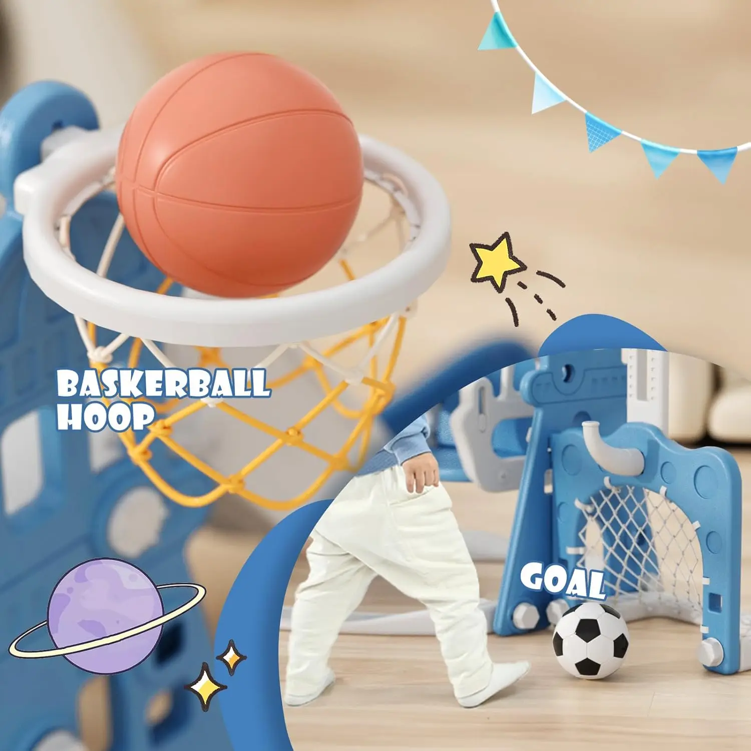 Set di scivolo e altalena per bambini 6 in 1, scivolo per bambini di età superiore ai più piccoli, set da gioco per bambini all'aperto con canestro da basket, struttura da calcio