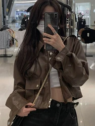 Autumn Brown Cropped Leather Jacket Women Korean Fashion Thin Loose Biker Coat Female 2022 Winter Warm Outerwear Casual Chic Top