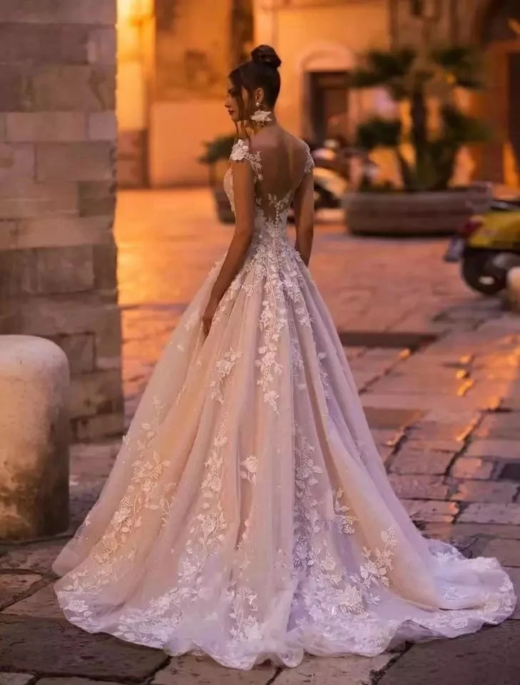 CustomizedPrincess Appliques Beaded Flowers Court Train Vintage A Line Bridal Gowns Sexy Backless Cap Sleeve Lace Wedding Dress