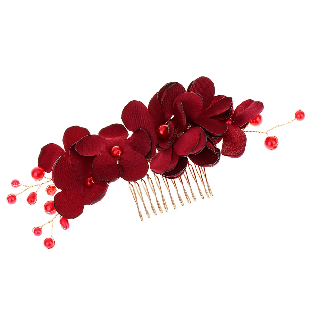 

1pc Cloth Flower Side Comb Handmade Fabric Floral Decor Lightweight Wedding Party Accessory Flower Inserted Comb Red
