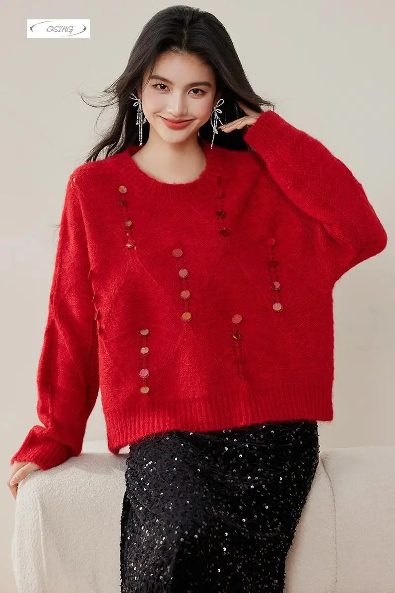 

Рождественский красный свитер с длинными рукавами и круглым вырезом с пайетками для женщин, зимний толстый элегантный свободный корейский базовый вязаный пуловер, топ 3743