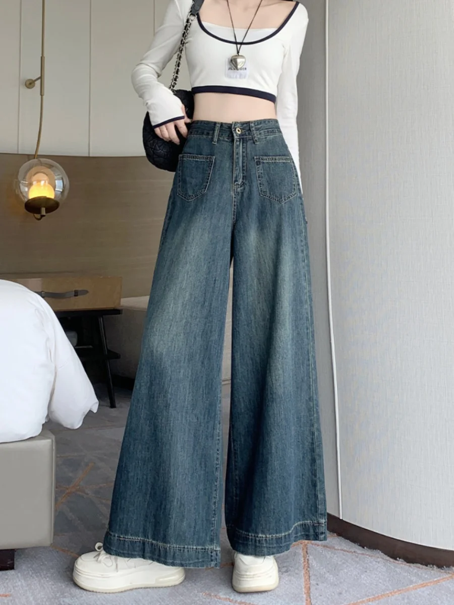 

Широкие джинсы с высокой талией в стиле ретро, женские свободные джинсы с прикрытым мясом, тонкие длинные брюки груши и апей, осенние женские джинсы глубокого синего цвета