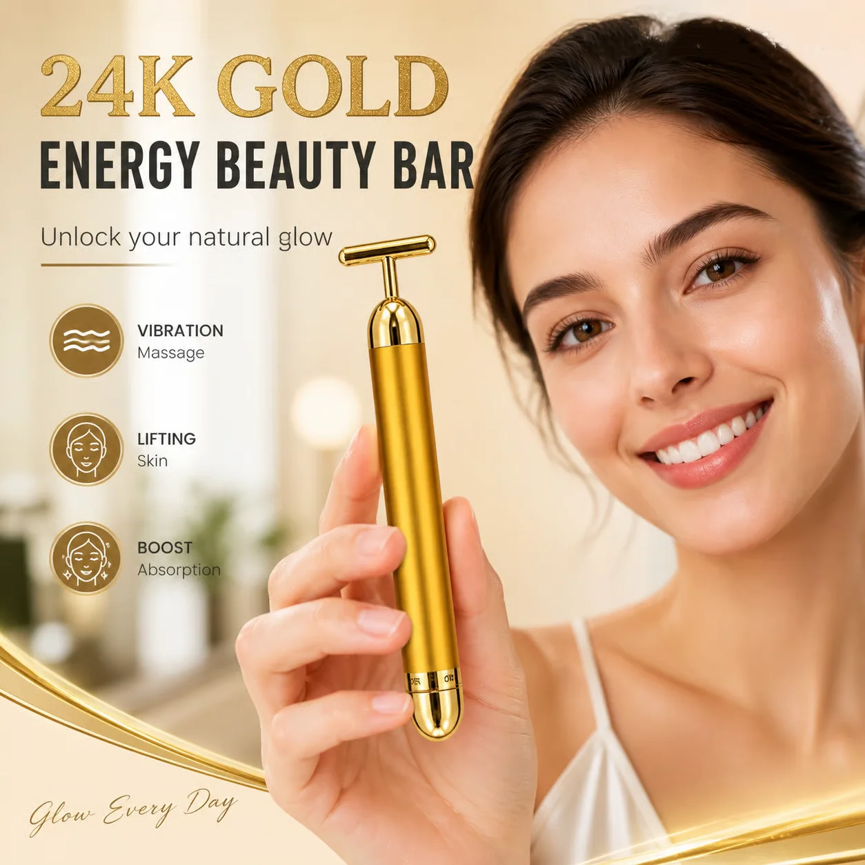 24K Gold Beauty Bar Electric Facial Massage Tool Vibration Face Massager Portable Skin Care Device Beauty Gift for Women