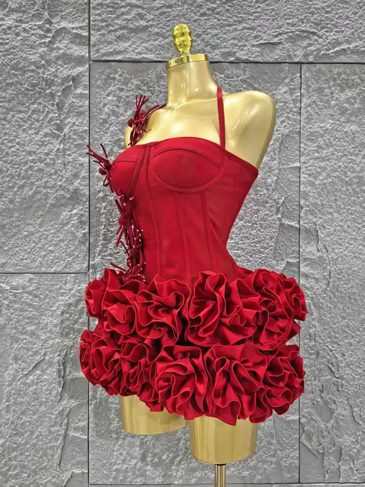 Vestido rojo de mujer sexy con halter, estampado floral, 2 piezas, bodycon mini, para fiesta nocturna, club y cumpleaños 2