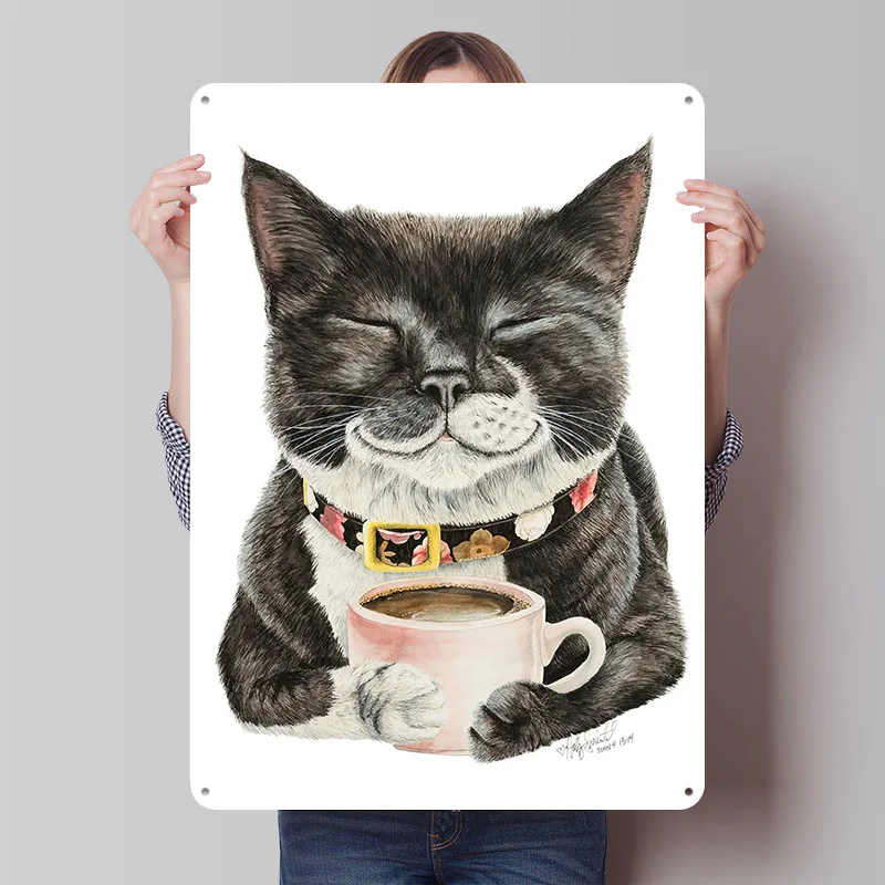 Purrfect Morning Poster Customized Vintage Metal Signs Wall Art Retro Tin Plaque for Interior Decoration Living Room Accessories