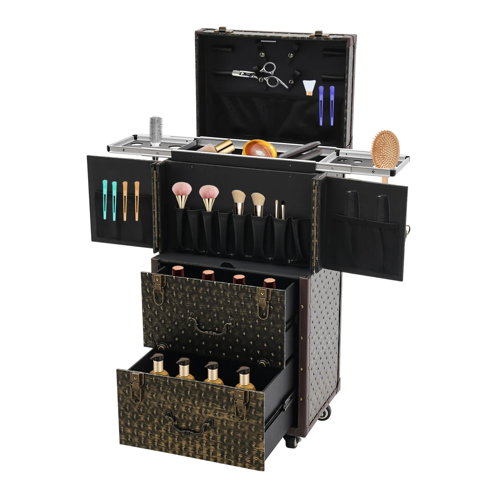 

Rolling Lockable Makeup Train Case Organizer Trolley For Professional Salon Use With Durable Construction Massive Storage Space