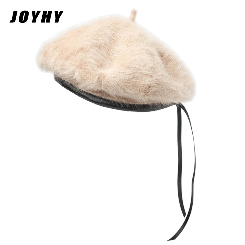 JOYHY Womens Rabbit Fur PU Leather Trimmed Adjustable French Style Beret Hat Beanie Cap Winter Maiden Solid Color Baret Flat Hat