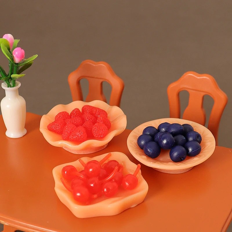 1:12 Dollhouse Miniature Fruit Plate Blueberry Strawberry Cherry Fruit Dish Model Kitchen Accessories For Doll House Decor Toys