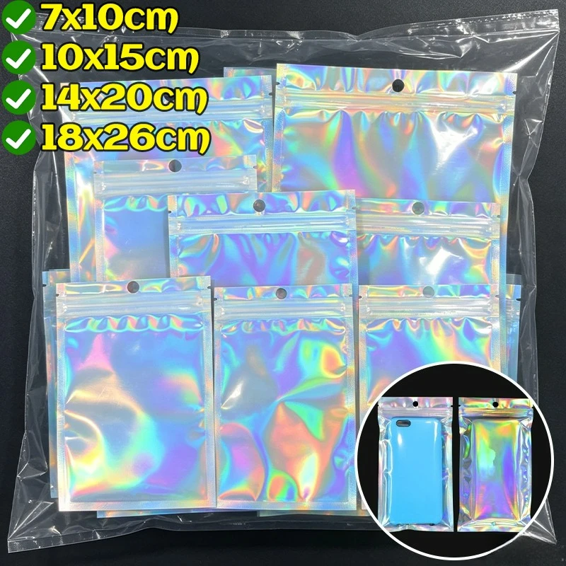 10-50PCS Self-Sealing Laser Small Plastic Bags for Jewelry Pouch with Clear Display Window Jewelry Packaging Gift Storage Bag