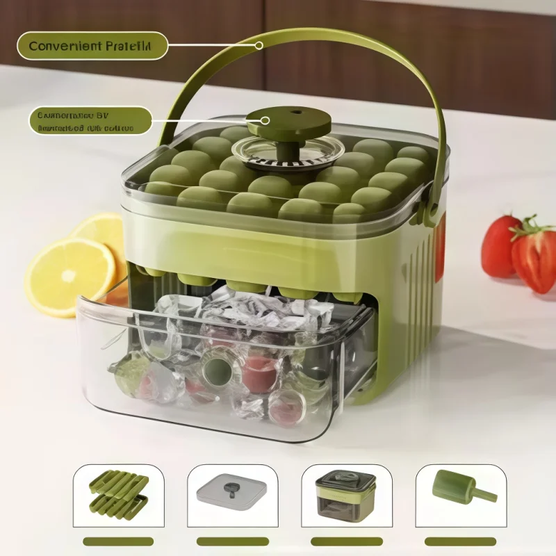 Premium Heavy Duty Durable Leakproof Easy Release Plastic Ice Cube Mold Tray with Press for Big Capacity Ice Bucket Storage Box