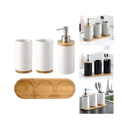 Ceramic Bathroom Accessories Set with Bamboo Tray for Bathroom Kitchen Countertop Includes Soap Dispenser Toothbrush Holder