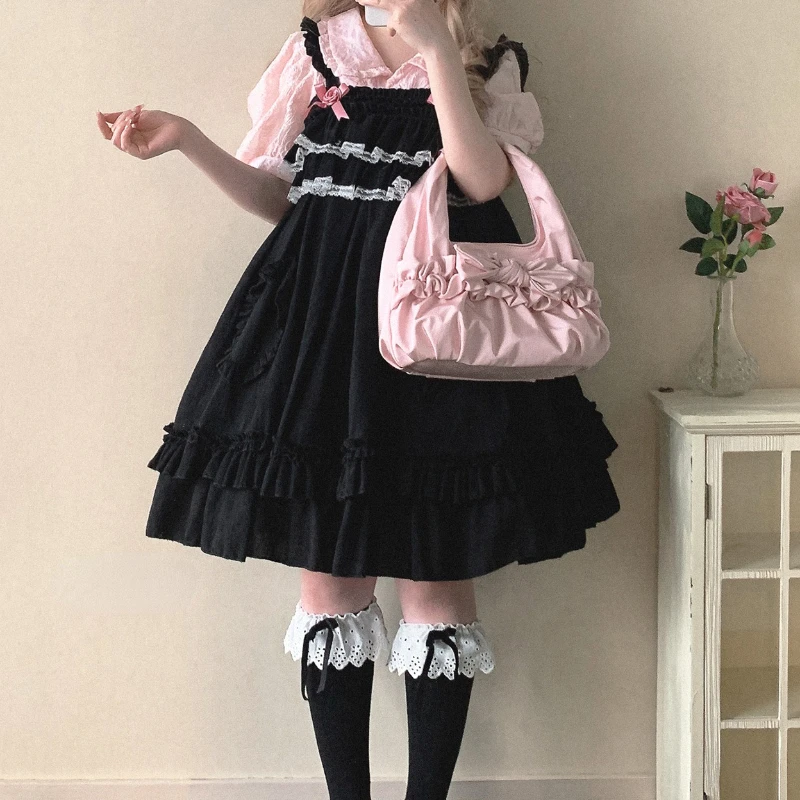 Japanese Victorian Gothic Lolita Jsk Dress Vintage Women Kawaii Bow Lace Strap Dresses Girls Elegant Princess Party Mini Dresses