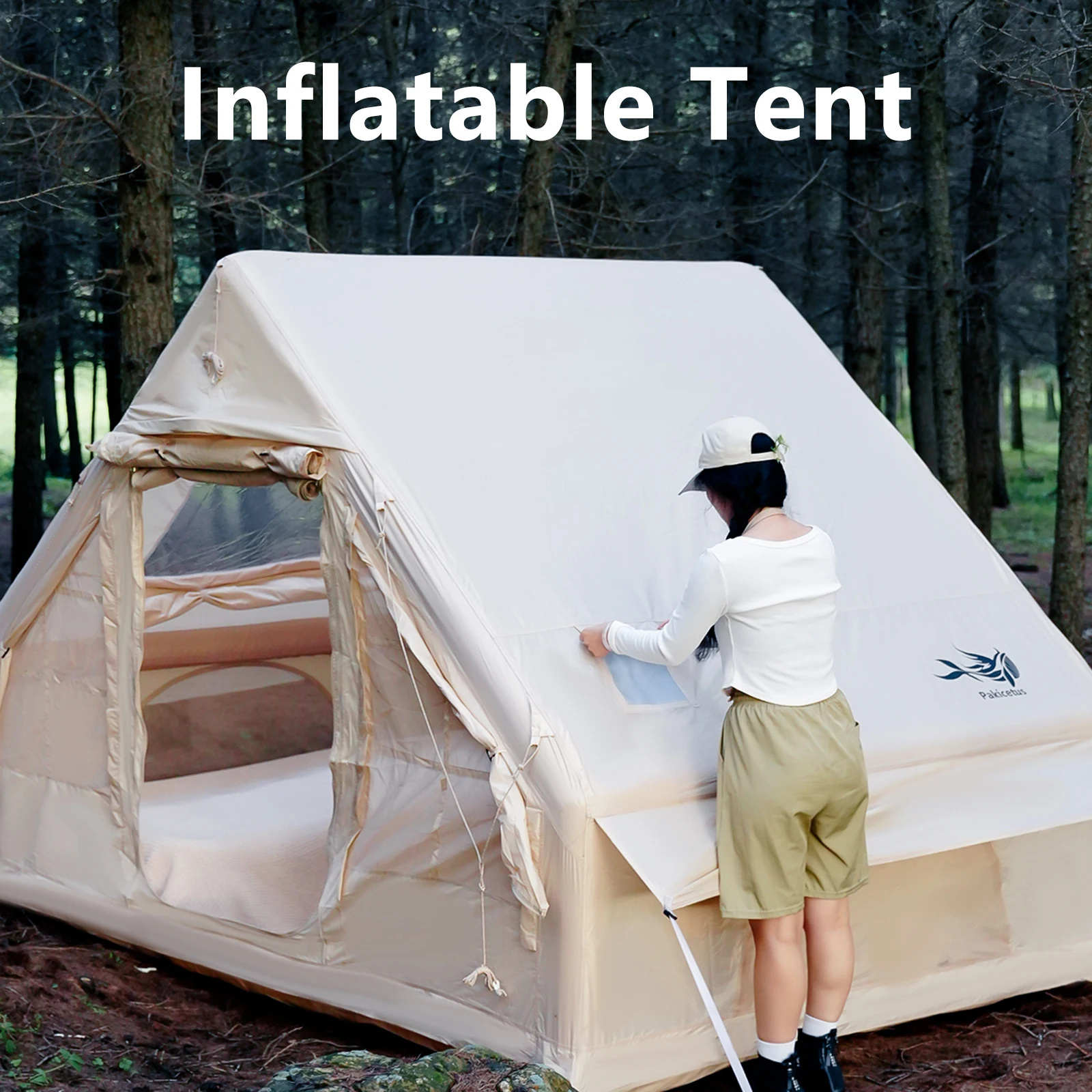 

Inflatable Camping Tent for 4-8 People Quick Setup Blow-Up Tent 4-Season Versatile Waterproof Portable OutdoorTent with Stove Ja