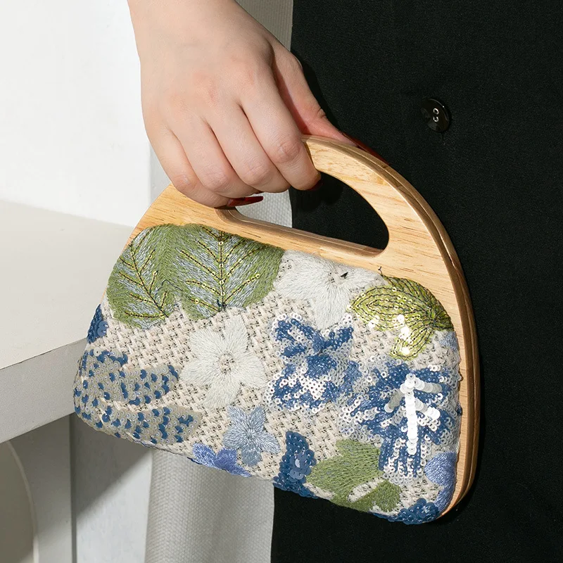 

Блестящий клатч с вышивкой и блестками для женщин, сумки с деревянной ручкой, сумка через плечо с цветком, роскошные вечерние кошельки