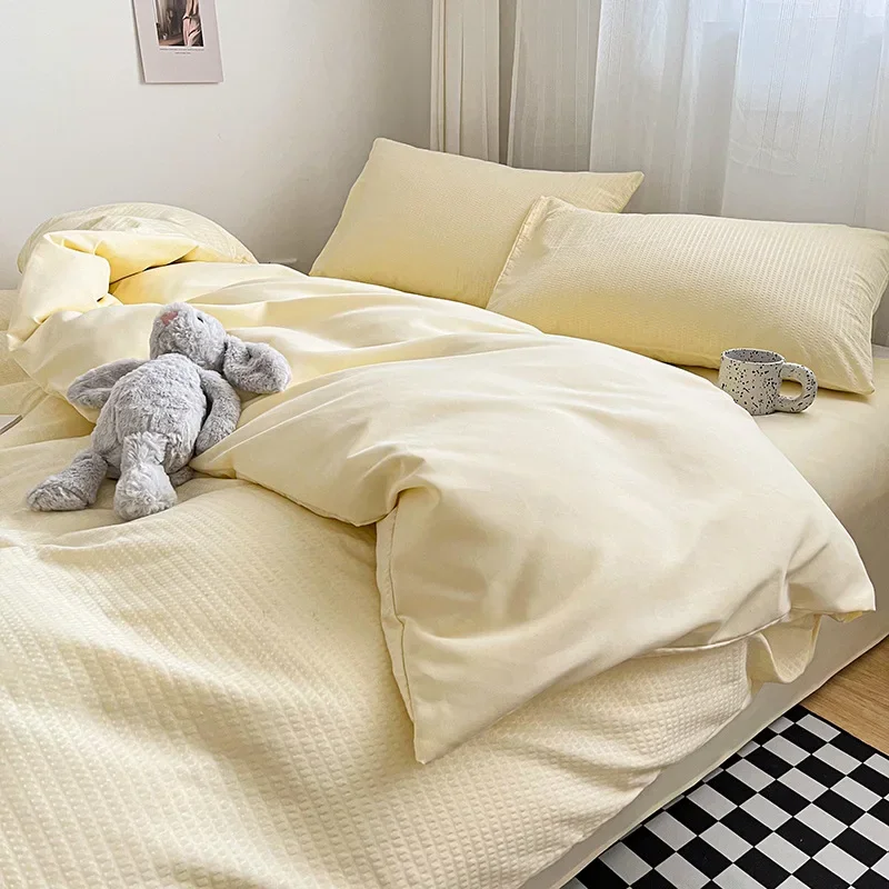4Pcs Solid Color Waffle Bedding Set Soft Comfortable Sheets Quilt Cover Pillowcase Sleeping Naked Bedclothes for Four Seasons