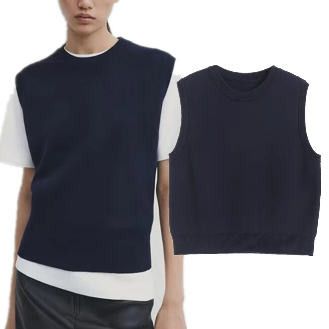 

Dave&Di Vest Sweaters Women Navy Color Pullovers Elegant Sleeveless Fashion Kniwear Tank Tops