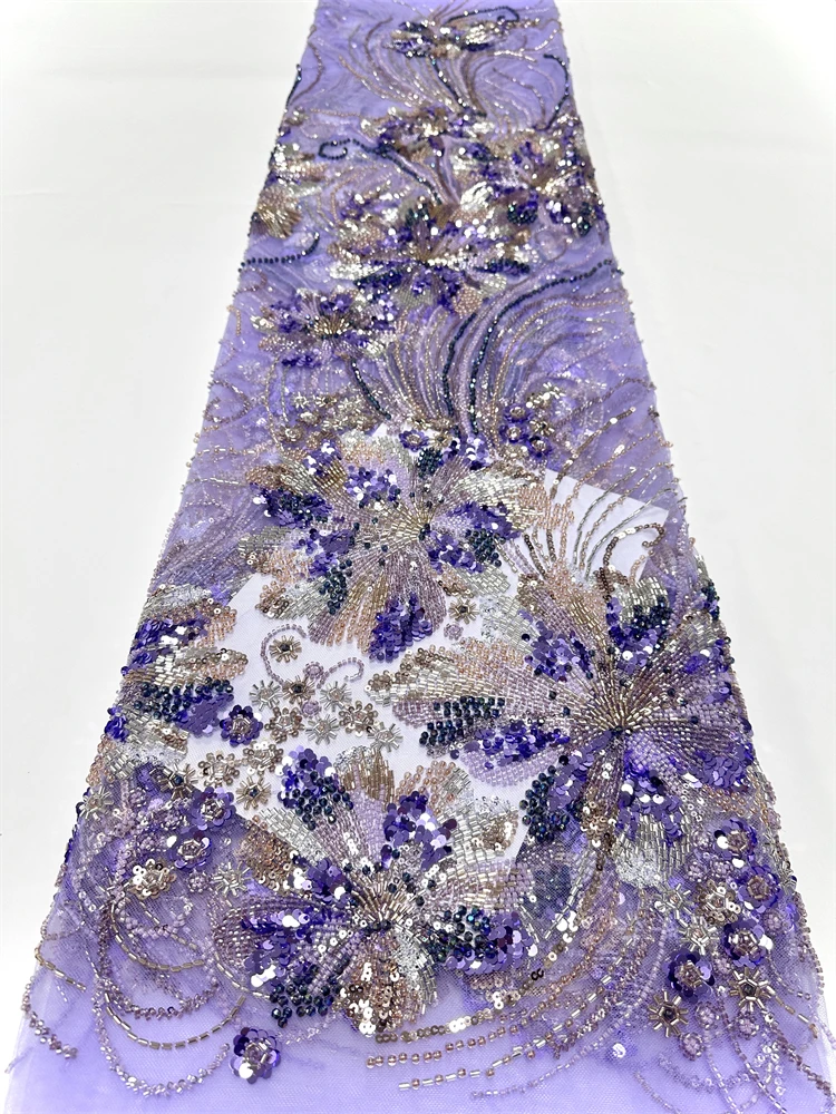 

Wholesale African Heavy Beaded Lace Fabric 2025 High Quality Nigerian Luxury Sequin Lace French Tulle Fabric for Party Dress