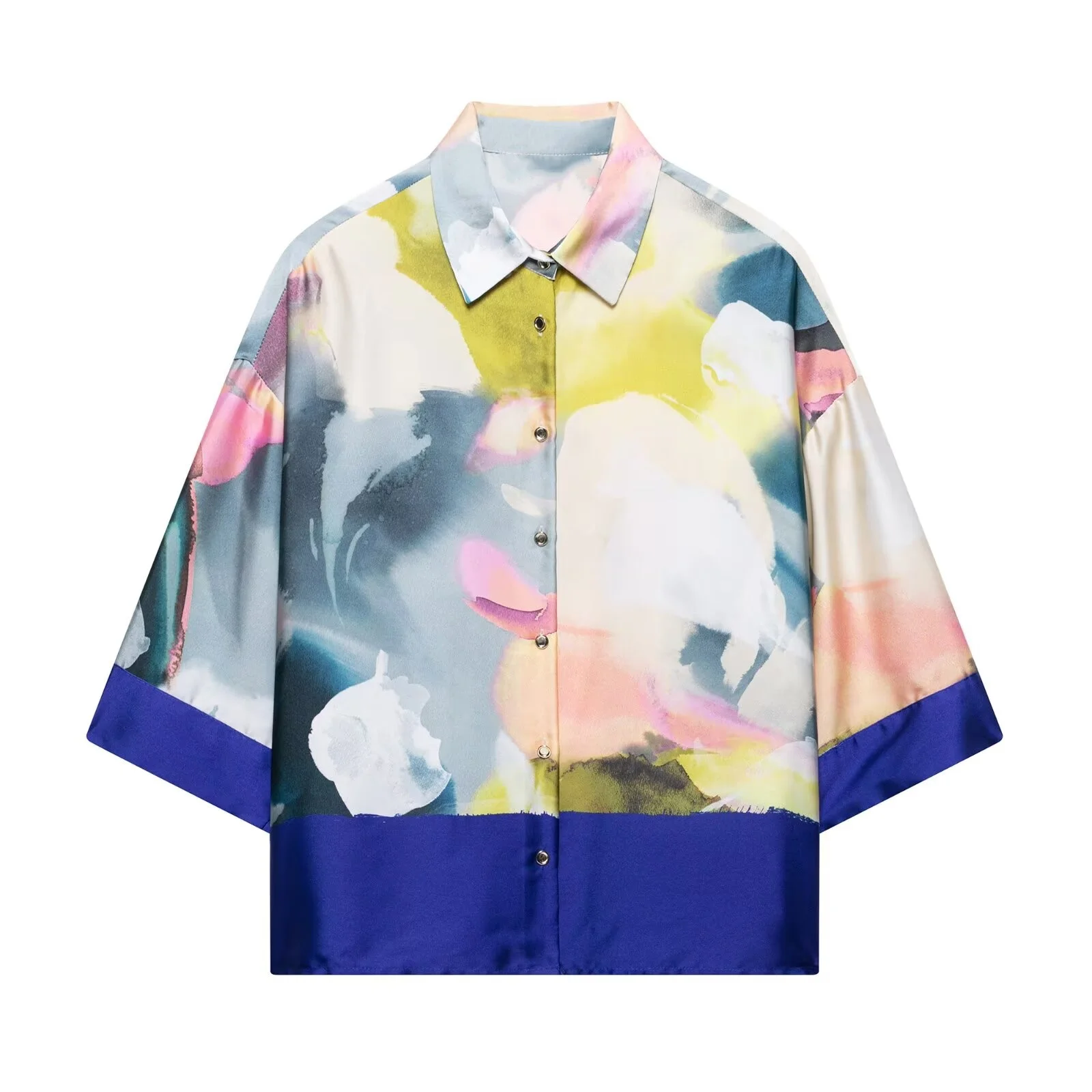 

PB&ZA Women's Collared Half - sleeved Button - down Blouse with Abstract Print and Contrast - color Trim for Summer