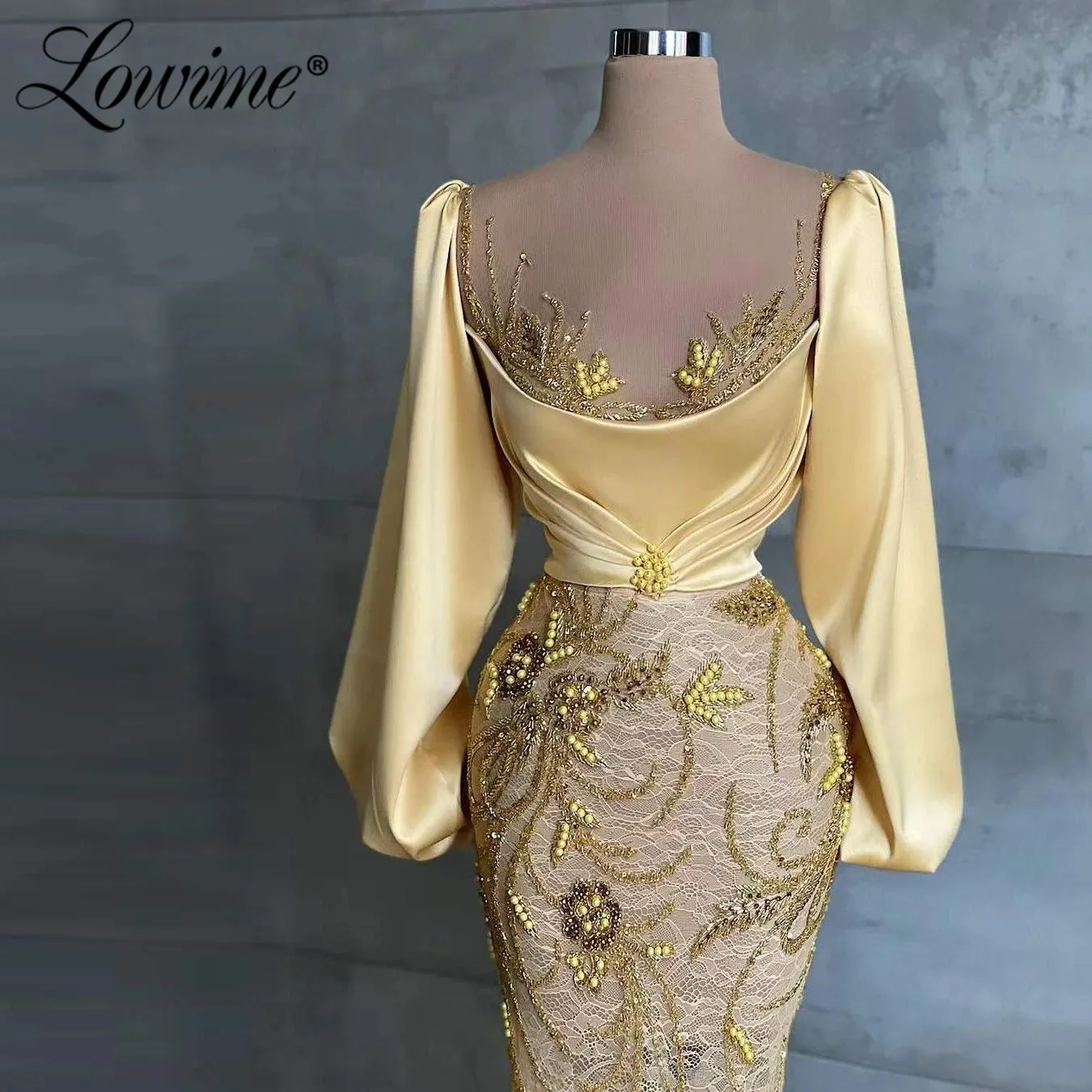 Lowime árabe dubai elegante formal vestidos de noite frisado mangas compridas rendas vestidos de festa sereia 2022 robes de soirée vestido de festa