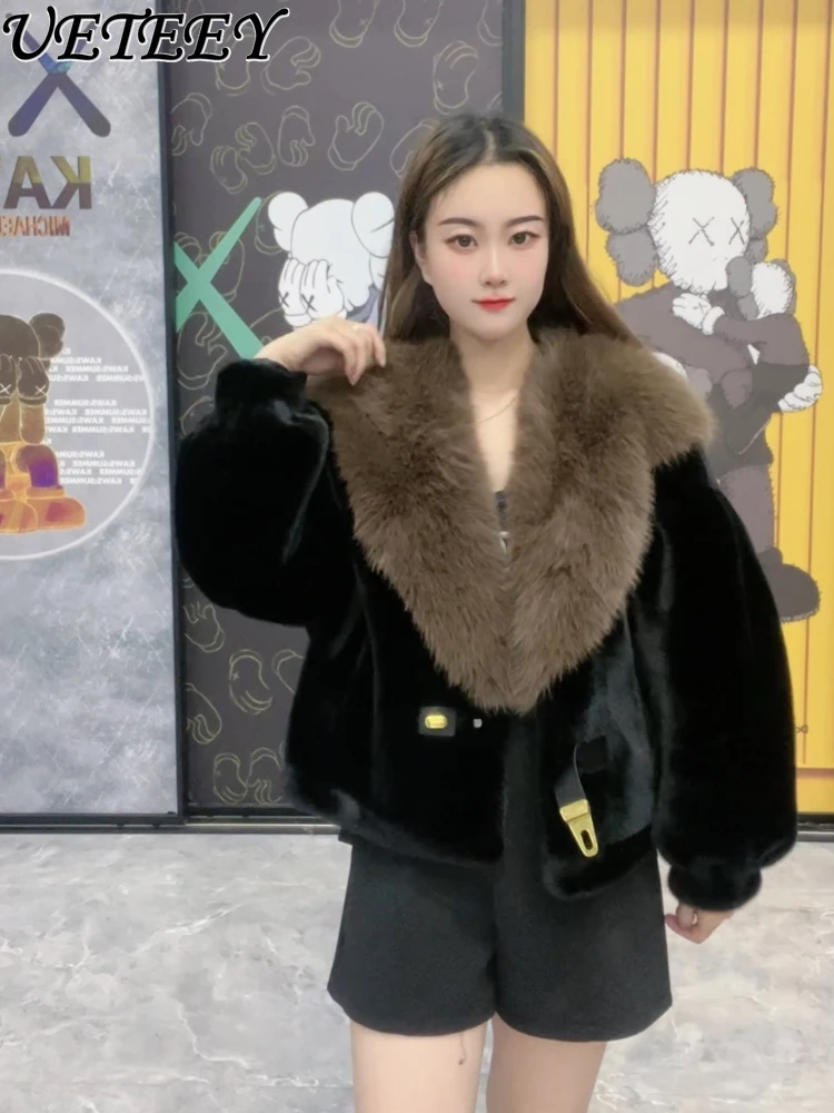 Heavy Industry Color Matching Luxury Big Fur Collar Fur Coat Women 2024 Winter New Warm Foreign High-end Furry Short Jacket Lady