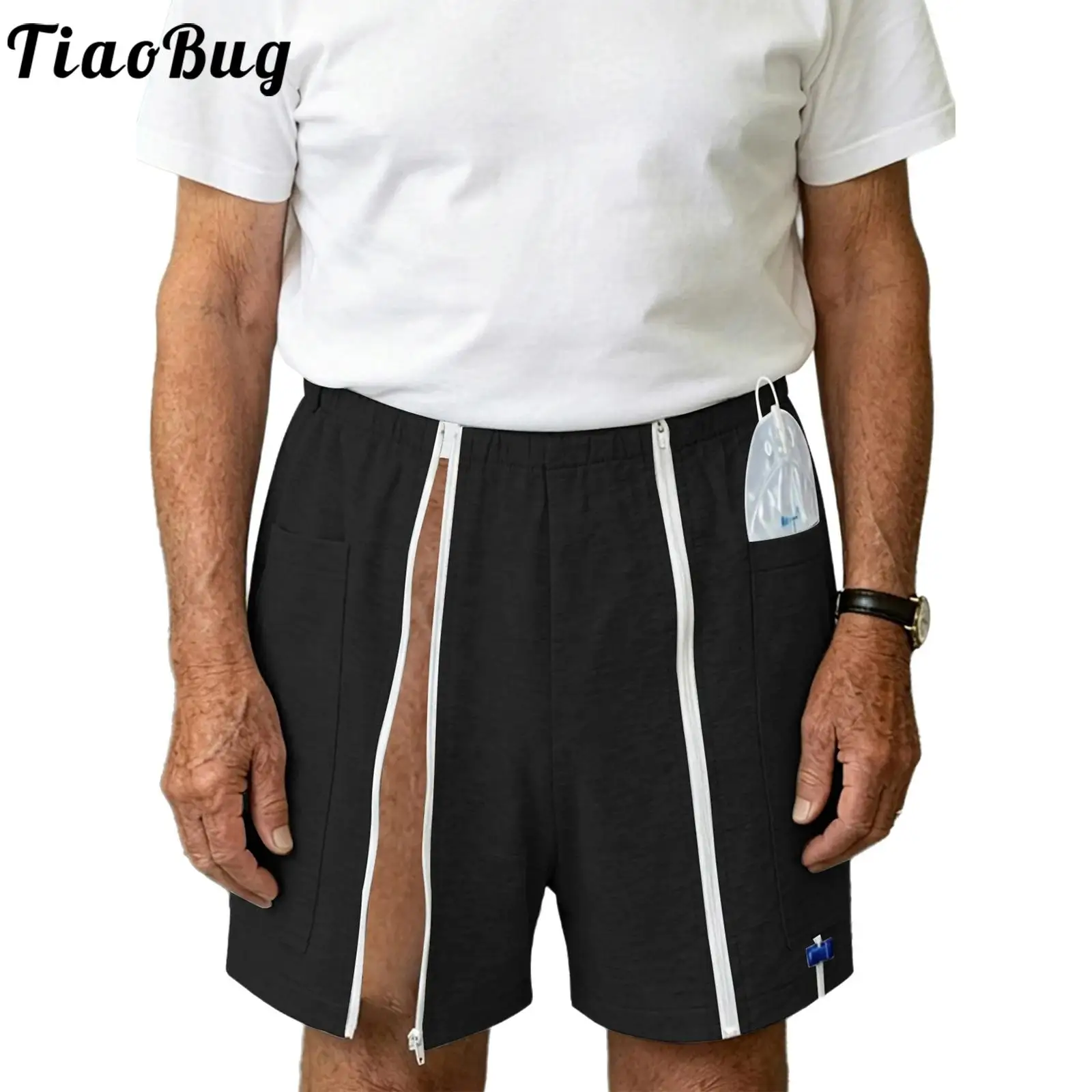 Herren-Workout-Shorts mit Elastischem Bund, Reißverschlusstaschen, Einfach zu Tragende Adaptive Unterwäsche, Urinbeutel-Pflege, Radsport-Shorts-Set