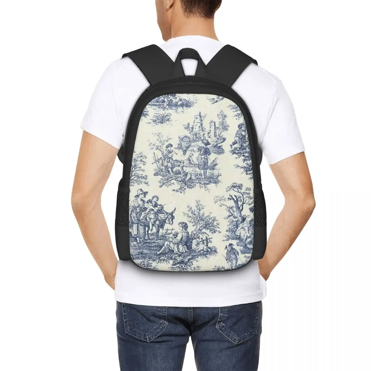 Powder Blue French Toile Picnic Design Backpack Hot Sale Daypack Large Capacity BookBag School Bag Shoulder Bags for Men Women
