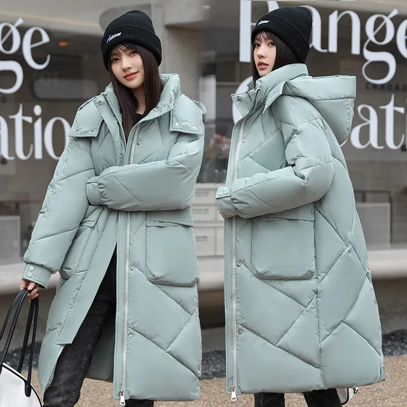 Jaqueta solta de treliça rômbica feminina com capuz, parka longa de inverno, casaco casual feminino reto, novo, 2023