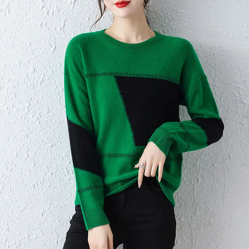 New Autumn/Winter Fashion Round Neck Contrast Color Cashmere Sweater Loose and Versatile Large Foreign Long Sleeve Sweater