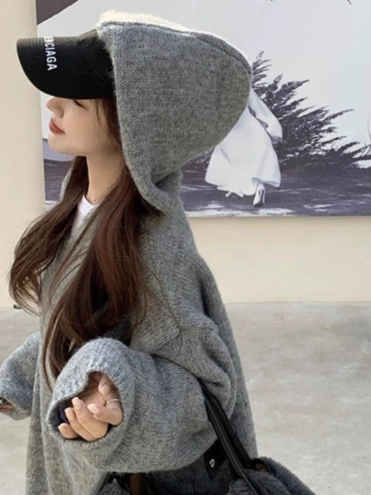 A sense of chic! Hooded medium length 100 pure cashmere sweater sweater women loose autumn and winter lazy thick hoodie