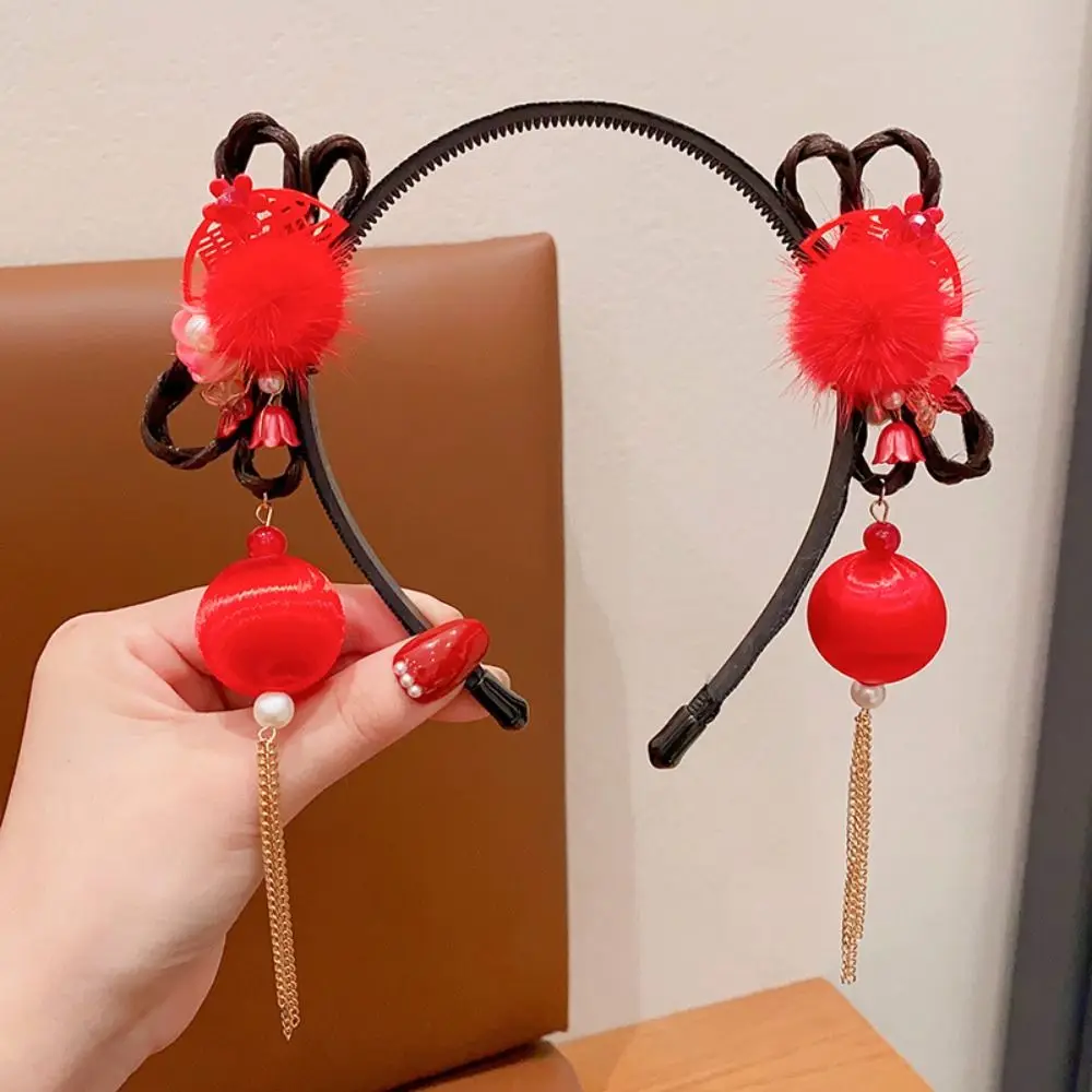 

Tang Suit Chinese Style Hanfu Wig Headband Pearl Red Flower Tassel Headband Bow Pigtail Wig New Year Headwear Girl