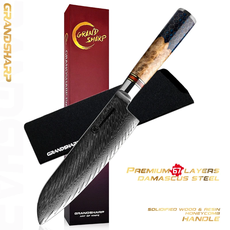 Premium 7 inch AUS-10 Japanese Santoku Knife Damascus Stainless Steel Kitchen Chef Knives Fish Meat Vegetables Cutter GRANDSHARP