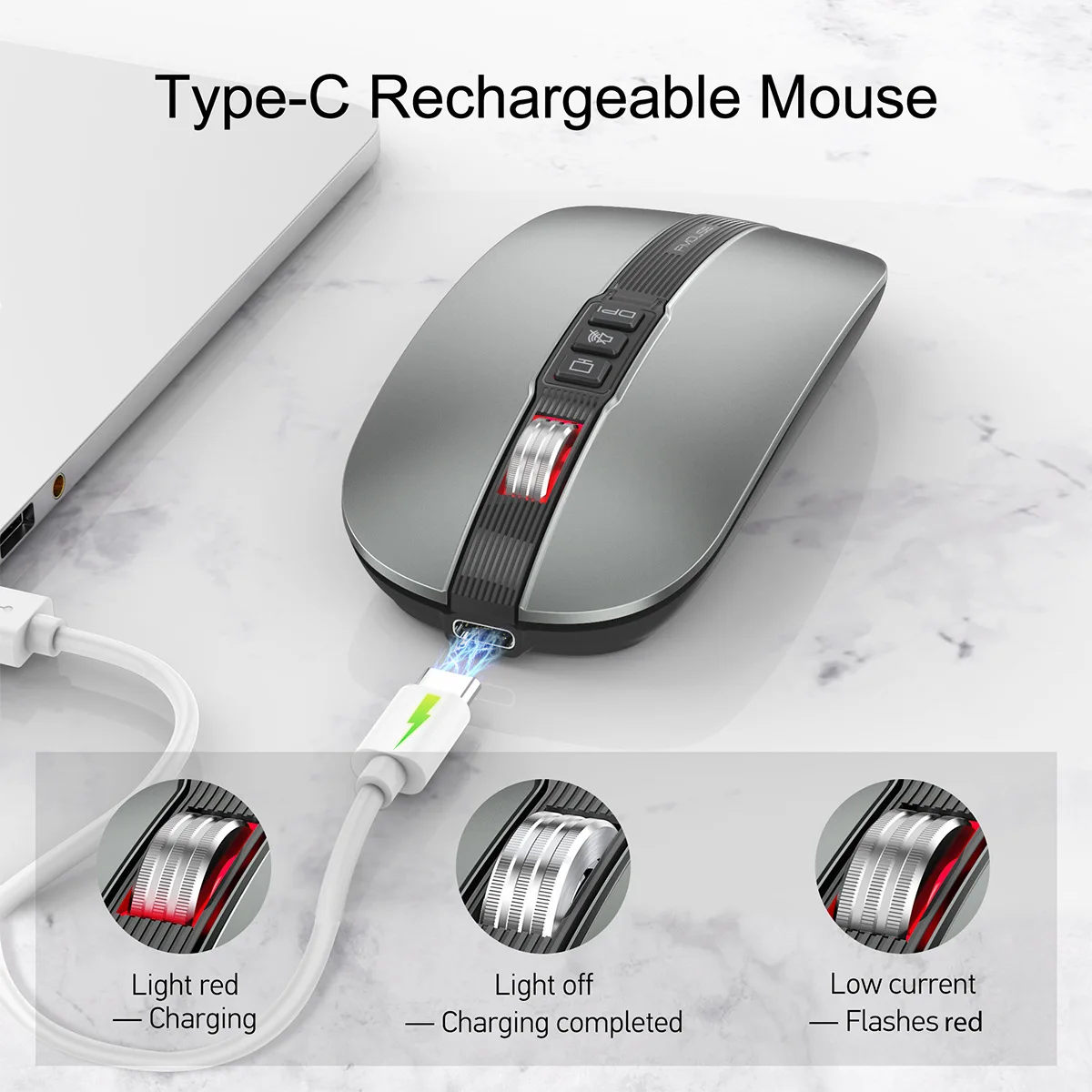 Dual Mode Mouse Silencioso Compatível com Bluetooth, USB 2.4G, 2400DPI, Silencioso, Mudo, Tipo-C, Carregamento para iPad, Matepad, Tab