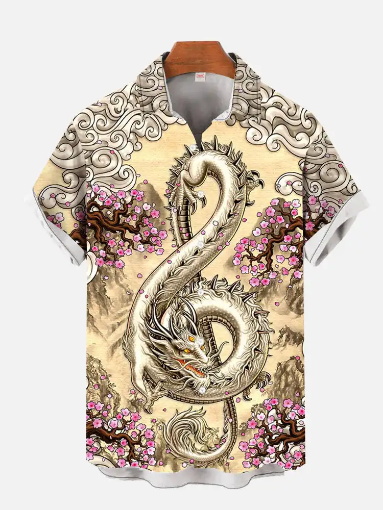 Men\'s Chinese Dragon Printed Shirt Hawaiian Casual Shirts Men\'s Chinese Style Trendy Shirt Summer Fashion Short Sleeved Shirts