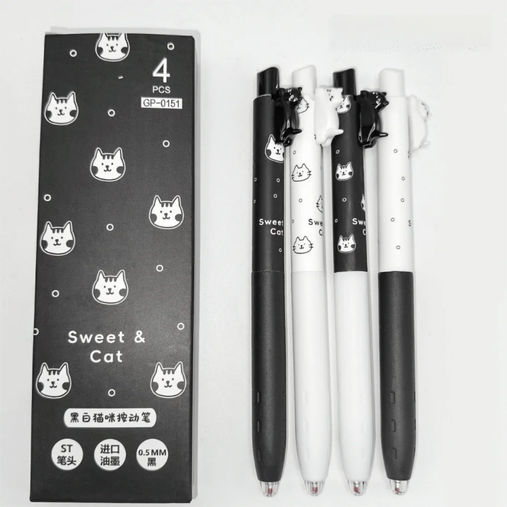 4Pcs/Box Kawaii 0.5mm Kitten Neutral Pen Quick Dry Black Ink Gel Pen Super Smooth Automatic Pressing Pen School Supplies
