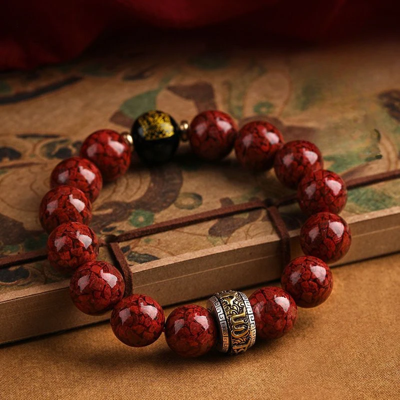 

Natural Raw Gemstone Cinnabar Men's Crystal Sand Zodiac Buddha Guardian Six Words Mantra Lucky Beads Bracelet