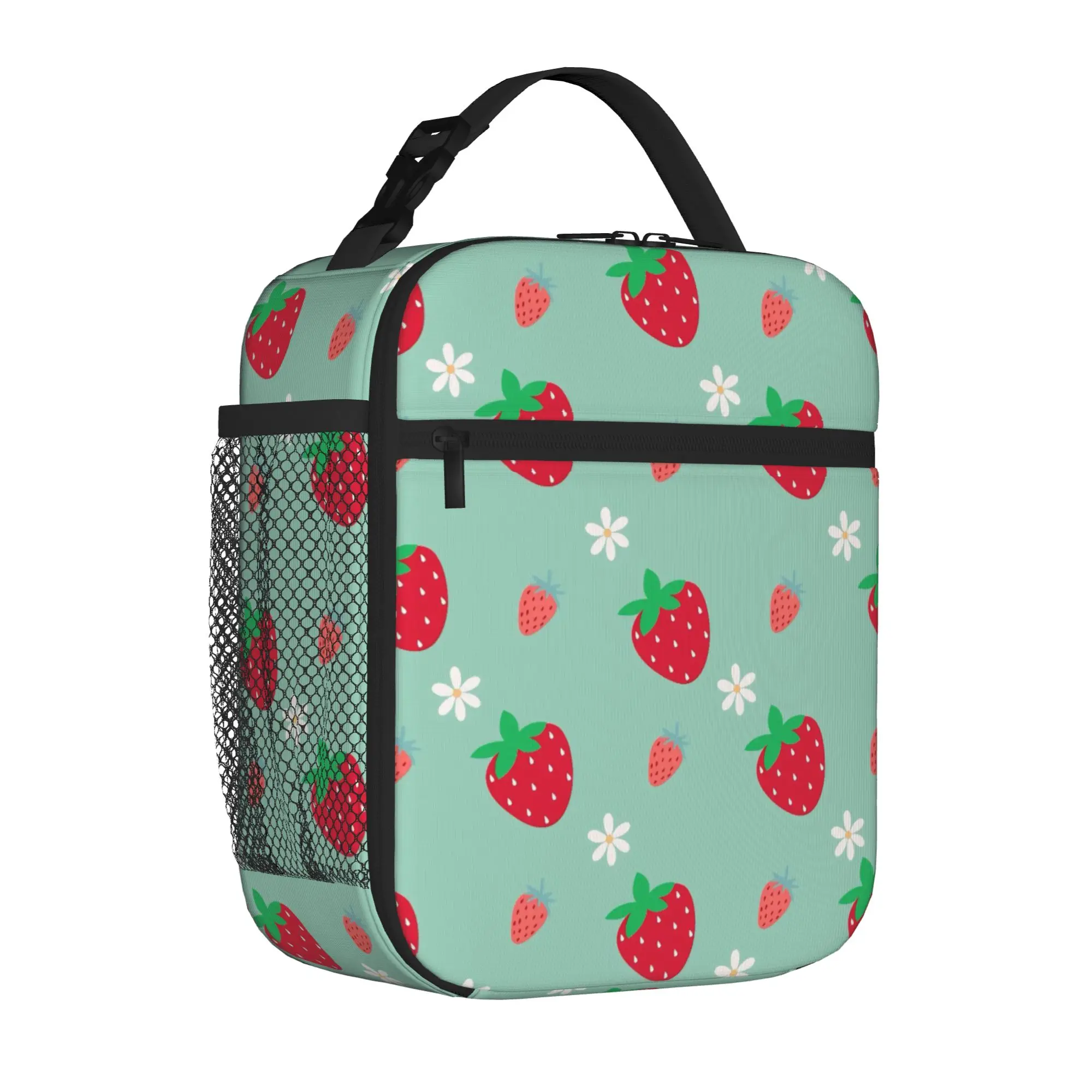 Pink Strawberry Cute Floral Insulated Lunch Tote Bag for Office Cartoon Portable Thermal Cooler for Men Women Bento Bags